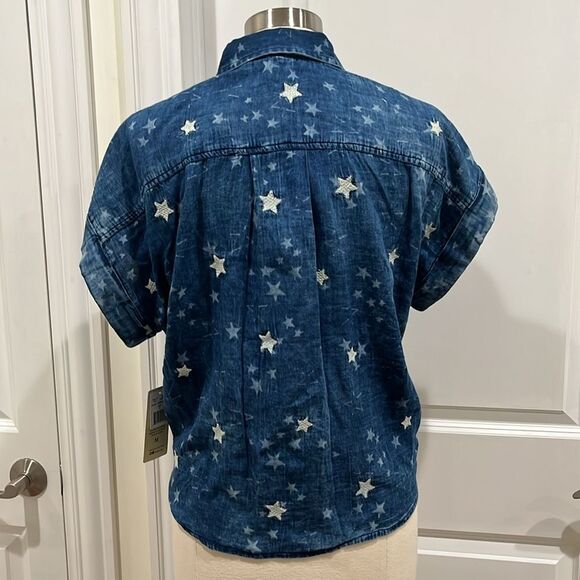 New! ELAN Button Up Front Tie Shirt Blouse Indigo Stars Size Medium NWT - Picture 6 of 12